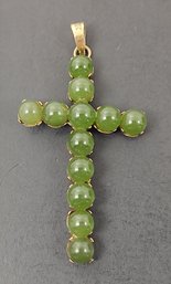 ANTIQUE VICTORIAN 12K GOLD JADE BEAD CROSS PENDANT