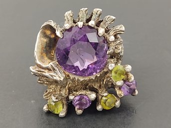 VINTAGE MID CENTURY MEXICAN BRUTALIST STERLING SILVER AMETHYST PERIDOT RING