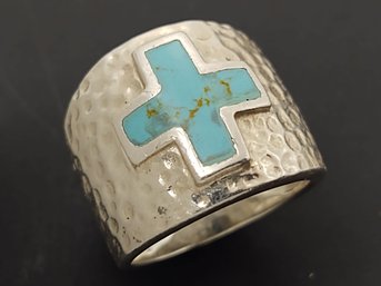 VINTAGE WIDE STERLING SILVER TURQUOISE CROSS RING