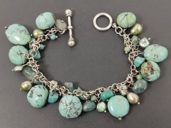 VINTAGE STERLING SILVER TURQUOISE PEARL & AQUAMARINE CHARM BRACELET