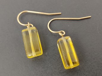 VINTAGE GOLD FILLED YELLOW GLASS HOOK EARRINGS