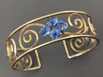 VINTAGE GOLD FILLED BLUE GLASS RHINESTONE CUFF BRACELET