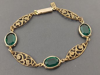 VINTAGE SIGNED SAIDE GREEN FILIGREE BEZEL SET GREEN CRYSTAL BRACELET