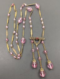 ANTIQUE VICTORIAN ART DECO BRASS TONE PINK CRYSTAL NEGLIGEE NECKLACE