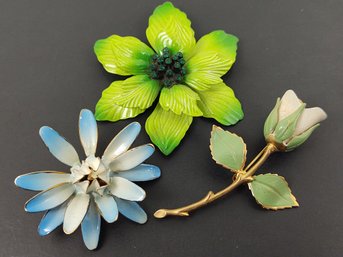 VINTAGE METAL ENAMEL FLOWER BROOCH LOT (3) PIECES