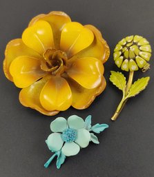 VINTAGE METAL ENAMEL FLOWER BROOCH LOT (3) PIECES