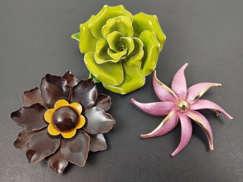 VINTAGE METAL ENAMEL FLOWER BROOCH LOT (3) PIECES