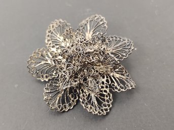 ANTIQUE 800 SILVER FILIGREE FLOWER BROOCH