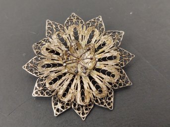 ANTIQUE 800 SILVER FILIGREE FLOWER BROOCH