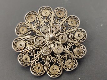 ANTIQUE 800 SILVER FILIGREE FLOWER BROOCH