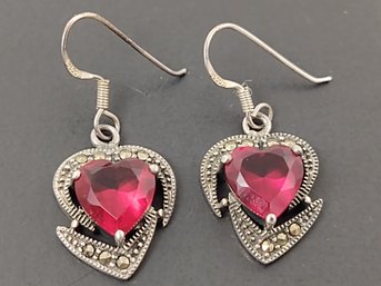 VINTAGE STERLING SILVER MARCASITE RED CZ HEART EARRINGS