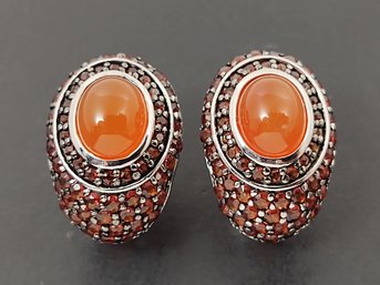 VINTAGE STERLING SILVER ORANGE CABACHON GEMSTONE EARRINGS