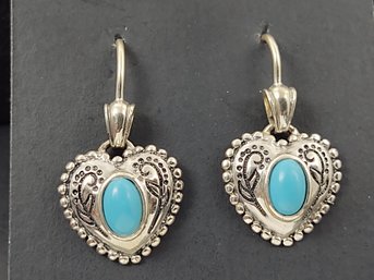 VINTAGE STERLING SILVER TURQUOISE HEART EARRINGS