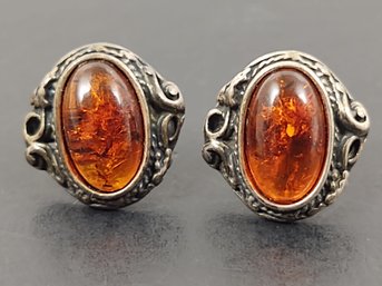 VINTAGE MID CENTURY STERLING SILVER AMBER CABOCHON EARRINGS