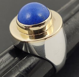 RARE VINTAGE MID CENTURY MODERNIST STERLING SILVER & 14K GOLD LAPIS RING