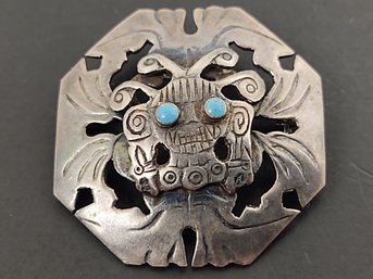 VINTAGE SIGNED OLD CUZO PERUVIAN STERLING SILVER TURQUOISE MAYAN SKULL MASK BROOCH