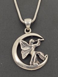 VINTAGE STERLING SILVER FAIRY ON THE MOON PENDANT NECKLACE