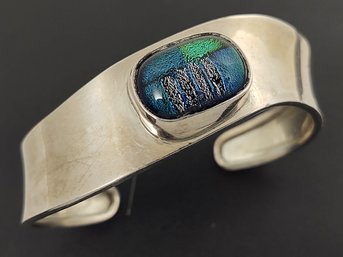 VINTAGE STERLING SILVER FOILED ART GLASS CUFF BRACELET