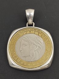 VINTAGE STERLING SILVER ITALIAN 1000L COIN PENDANT