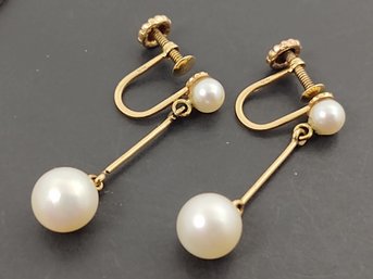 VINTAGE 14K GOLD 5mm-8mm PEARL DROP SCREW BACK EARRINGS