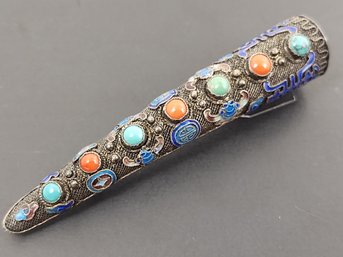 ANTIQUE CHINESE SILVER ENAMEL CORAL & TURQUOISE FINGER BROOCH