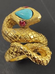 VINTAGE GOLD TONE FAUX TURQUOISE SNAKE RING