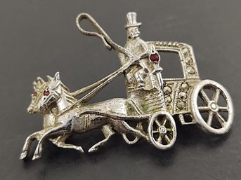 VINTAGE STERLING SILVER MARCASITE JEWELED EYES HORSE DRAWN CARRAIGE PIN