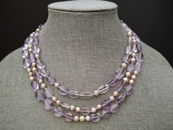 VINTAGE STERLING SILVER TRIPLE STRAND AMETHYST & PEARL NECKLACE