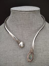 VINTAGE 950 STERLING SILVER & ABALONE OPEN FRONT TORQUE NECKLACE