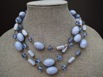 ANTIQUE VICTORIAN ART DECO BLUE CZECH GLASS LONG FLAPPER NECKLACE