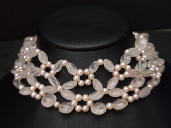 VINTAGE PINK PEARL & ROSE QUARTZ FLOWER CHOKER NECKLACE W/ STERLING SILVER CLASP