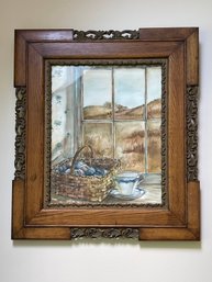 Antique Still Life Watercolor Painting In A Carved Wooden Frame