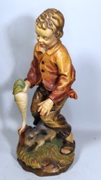 Vintage Hand Carved Continental Wood Figure Of Boy With Bunny Rabbit