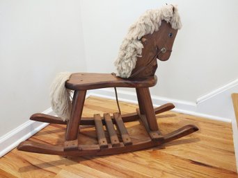 Made In America Adorable Amish Solid Wood Rocking Horse With Leather And Wool Details