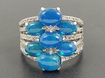 BEAUTIFUL STERLING SILVER BLUE JELLY OPAL & WHITE SAPPHIRE RING