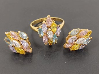 VINTAGE GOLD TONE MULTI COLORED CZ STONE RING & EARRINGS SET