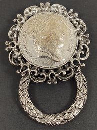VINTAGE SILVER TONE FOREIGN COIN BROOCH