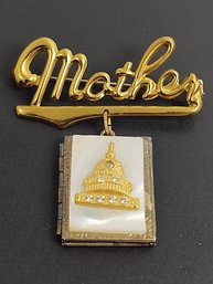 VINTAGE GOLD TONE MOTHER OF PEARL U.S. CAPITOL SOUVENIR MOTHERS BROOCH / LOCKET
