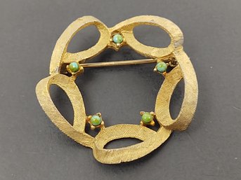 VINTAGE GOLD TONE TURQUOISE ABSTRACT BROOCH