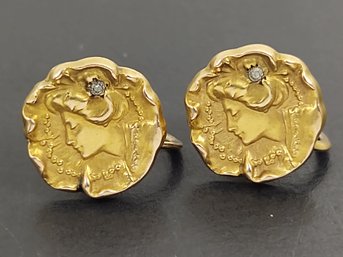 ANTIQUE VICTORIAN ART NOUVEAU 10K GOLD DIAMOND REPOUSSE SCREW BACK EARRINGS