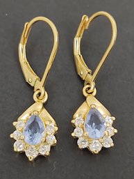 GOLD OVER STERLING SILVER BLUE & WHITE CZ STONES EARRINGS