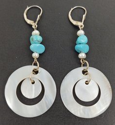 STERLING SILVER TURQUOISE PEARL & MOTHER OF PEARL DISK DROP EARRINGS