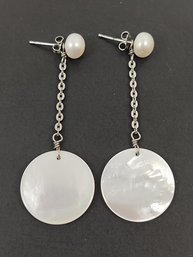INTERESTING STERLING SILVER PEARL STUD EARRINGS WITH MOTHER OF PEARL DROPS