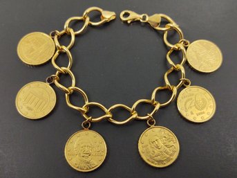 CHUNKY GOLD OVER STERLING SILVER & EURO COINS CHARM BRACELET