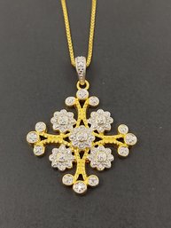 GOLD OVER STERLING SILVER DIAMOND FLOWERS HERALDIC CROSS NECKLACE