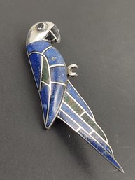 VINTAGE 950 STERLING SILVER LAPIS ONYX & MALACHITE INLAY PARROT BROOCH / PENDANT