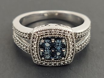 BEAUTIFUL STERLING SILVER BLUE DIAMOND RING