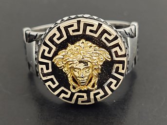 GOLD ACCENTED STERLING SILVER VERSACE LOGO SIGNET RING