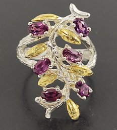 BEAUTIFUL ARTISAN HAND MADE STERLING SILVER AMETHYST OLIVE BRANCH & LEAF FIGURAL RING
