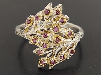 BEAUTIFUL ARTISAN HAND MADE STERLING SILVER RUBY FIGURAL LEAF & BRANCH RING